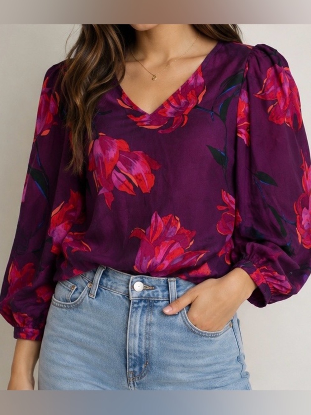 a new day Purple Floral V-Neck Long-Sleeve Blouse